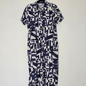 FOIL NZ Linen Maxi Shirt Dress US 10 Navy White Abstract Geometric Lagenlook